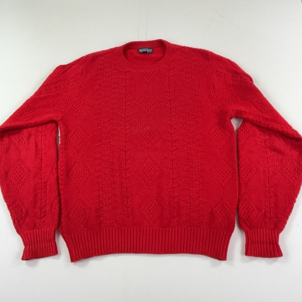 Vintage Lands' End Sweater Mens Large Tall Red Crewneck Cotton Cable Knit USA
